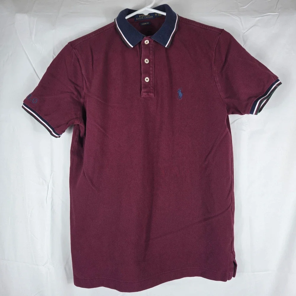 Polo Ralph Lauren Mens XS Classic Fit Pique Polo Shirt Burgundy Tipped Collar